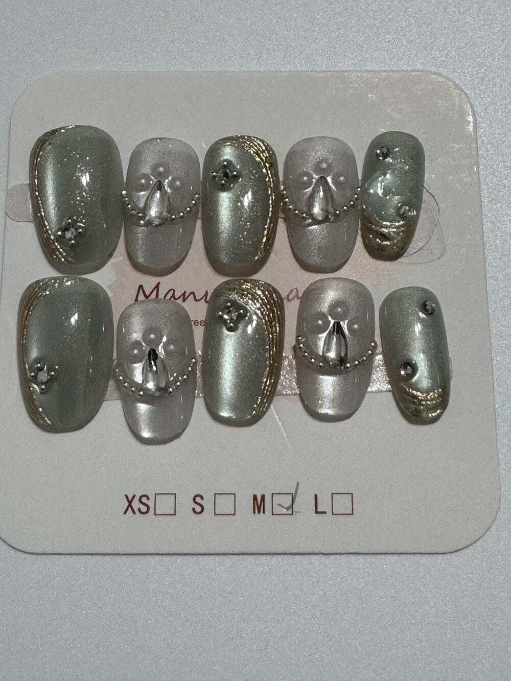 Handmade Press-On Nails Size M Sage And Silver Rhinestone